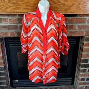 Sequin hearts red semi-shear 3/4 sleeve blouse size medium